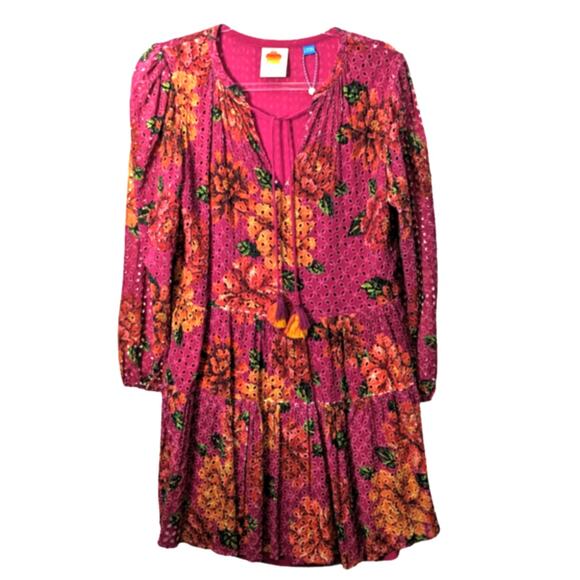 Farm Rio Anthro Eyelet Tiered Tunic Floral Split Neck Pink Multi Large P NWOT - Picture 2 of 12